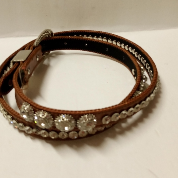 Narrow Camel Brown Genuine Leather Belt, Decorated with Clear Rhinestones, ML